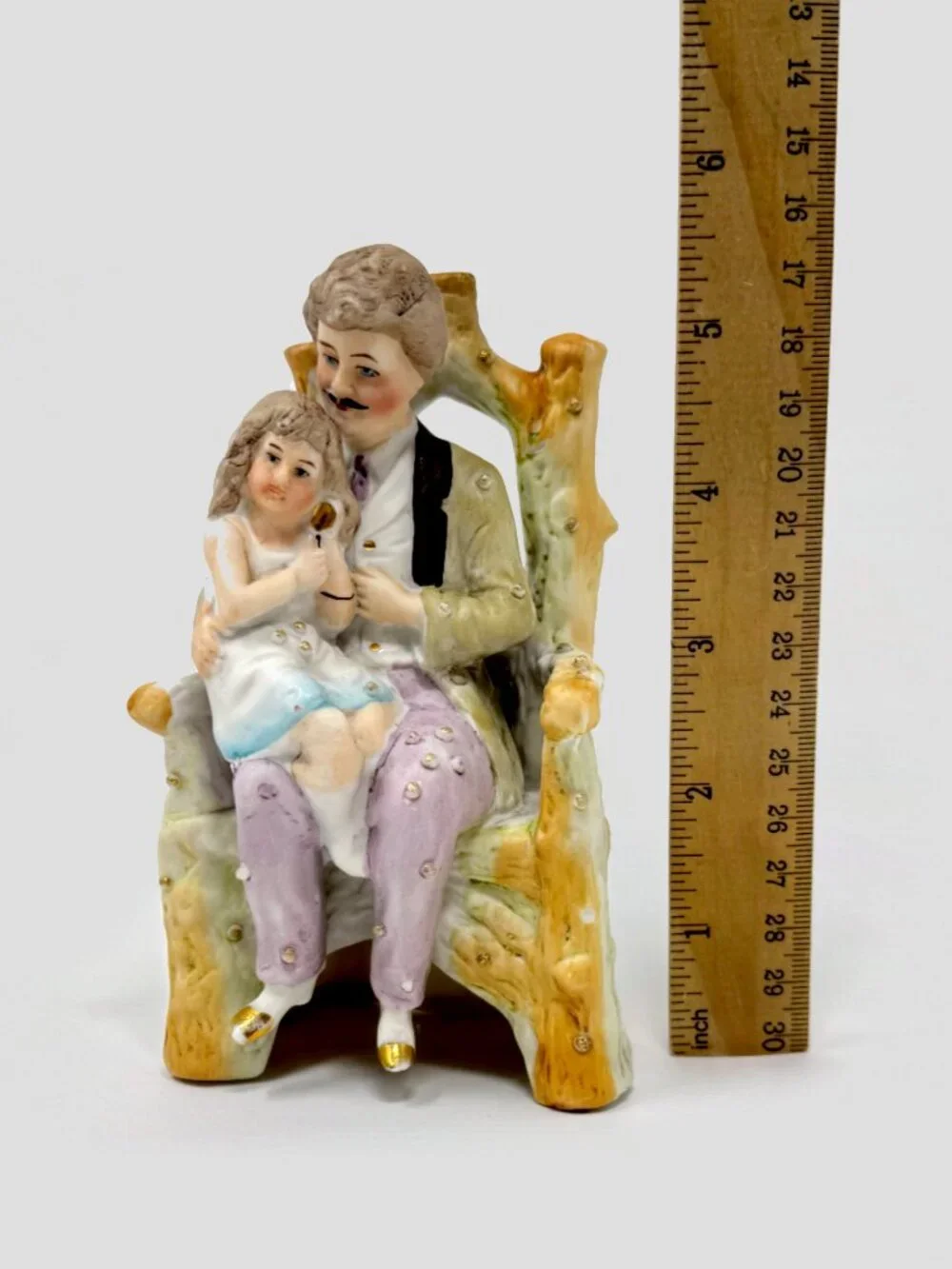 Vintage Bisque Porcelain Figurine - Father holding Daughter on Wooden Chair